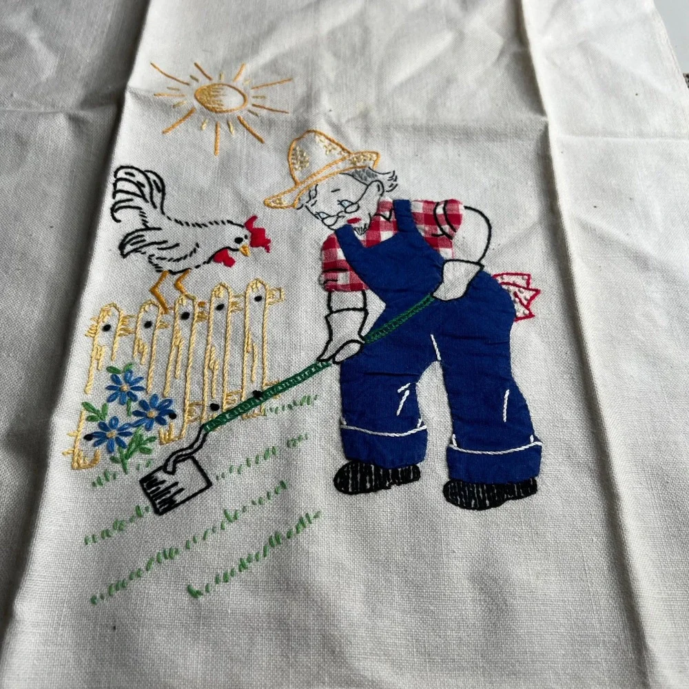 Vintage 1950s Hand Embroidered Tea Towels‎ Set 2 Farm Grandmother Grandfather